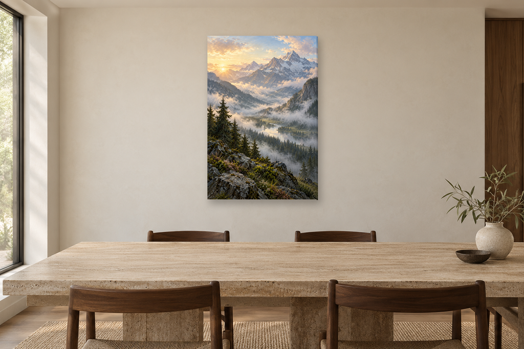 Alpine Morning in a dining room — interior mockup with the complete original artwork