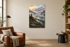 Alpine Morning in a reading corner — interior mockup with the complete original artwork
