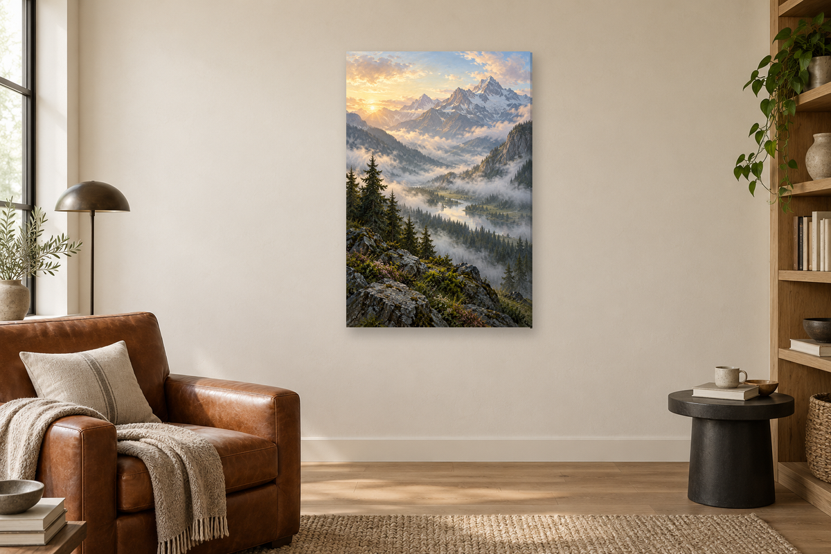 Alpine Morning in a reading corner — interior mockup with the complete original artwork