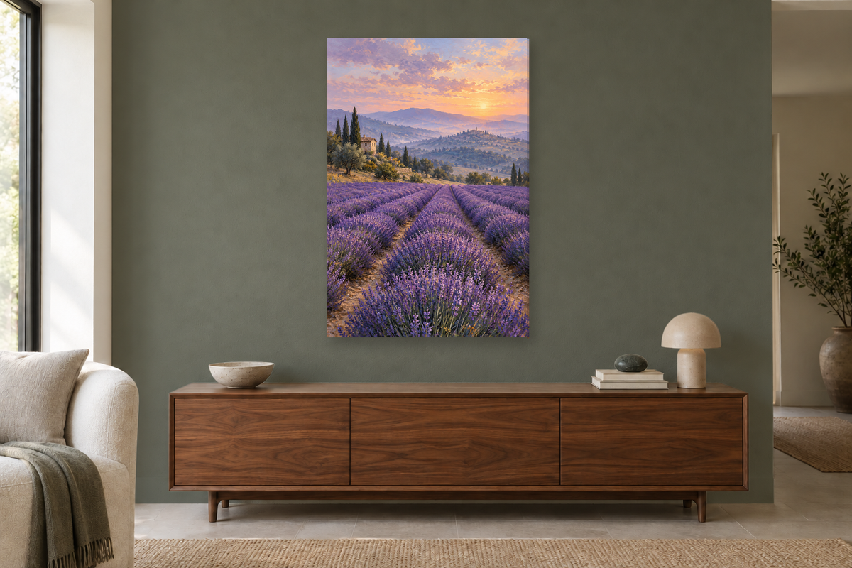 Lavender Hills in a living room — interior mockup with the complete original artwork