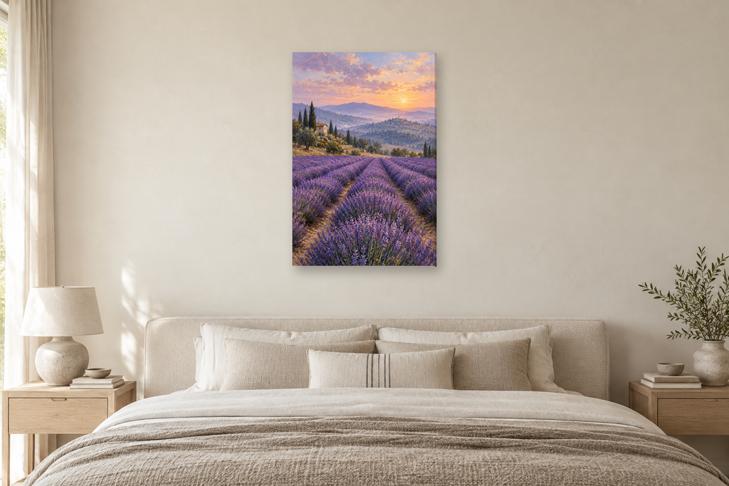Lavender Hills in a bedroom — interior mockup with the complete original artwork
