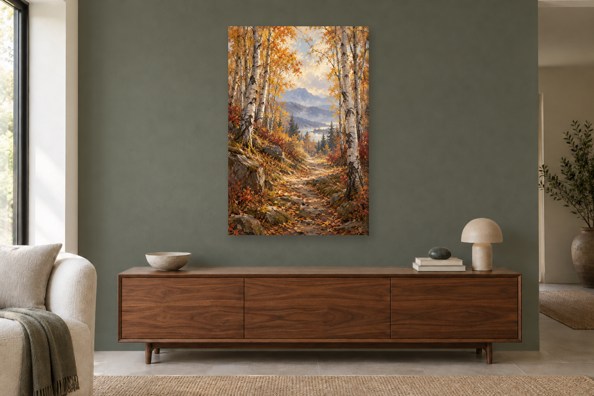 Birch Path in a living room — interior mockup with the complete original artwork