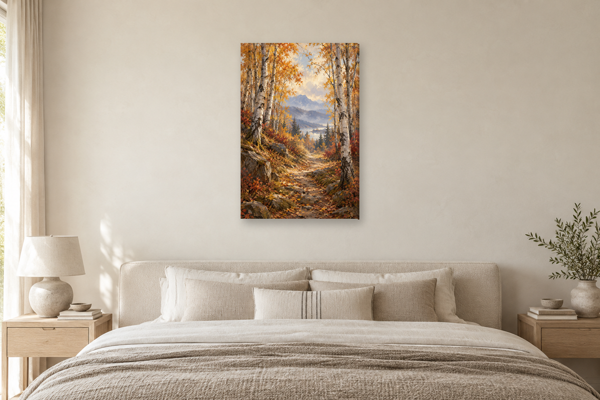 Birch Path in a bedroom — interior mockup with the complete original artwork