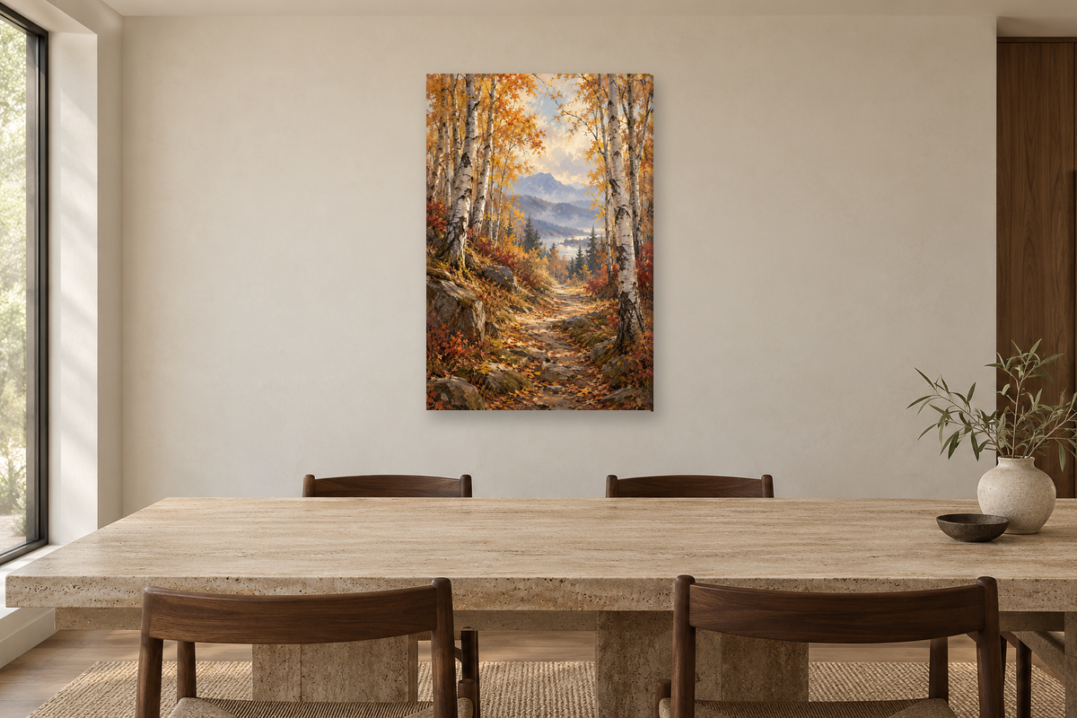 Birch Path in a dining room — interior mockup with the complete original artwork