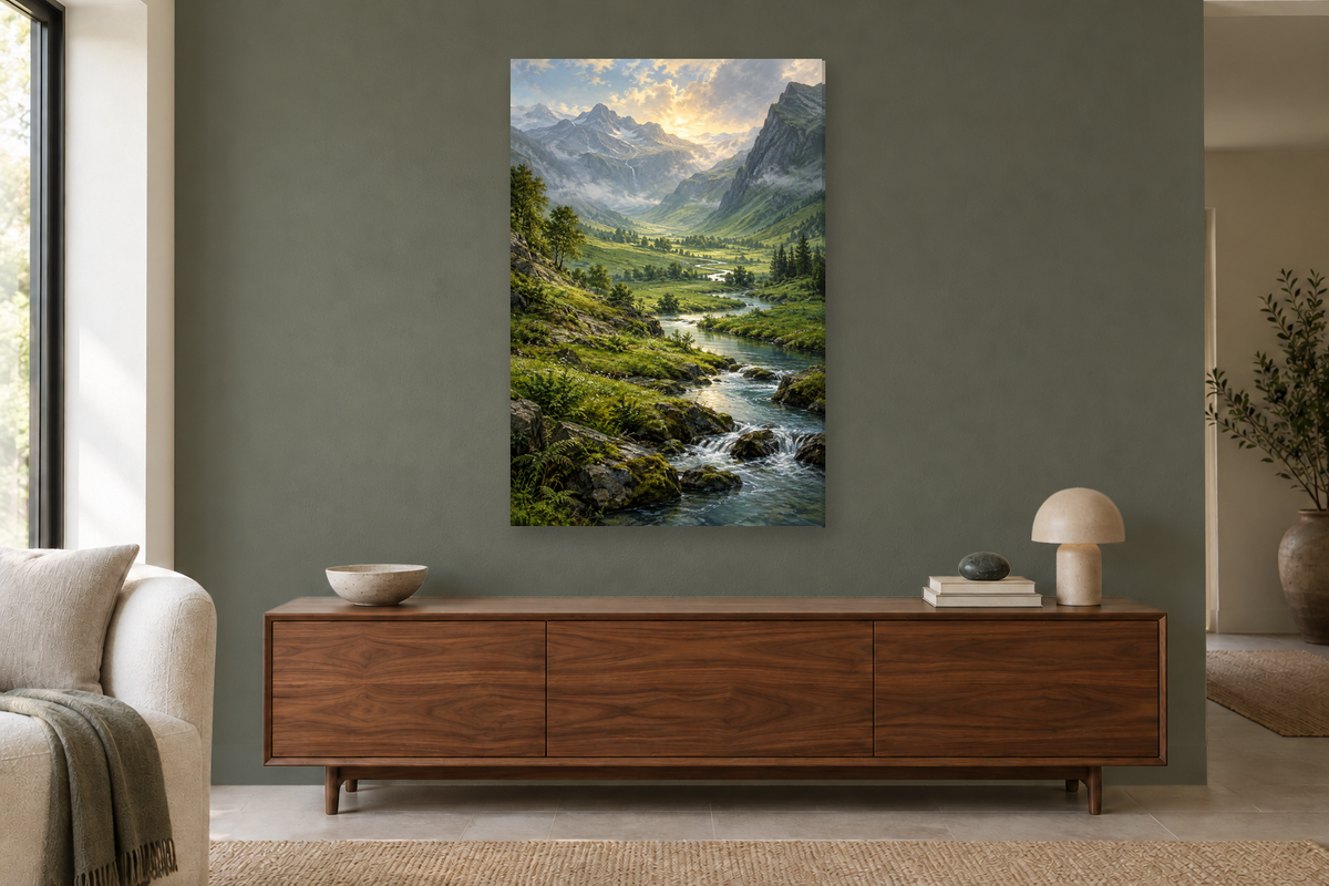 Emerald Valley in a living room — interior mockup with the complete original artwork