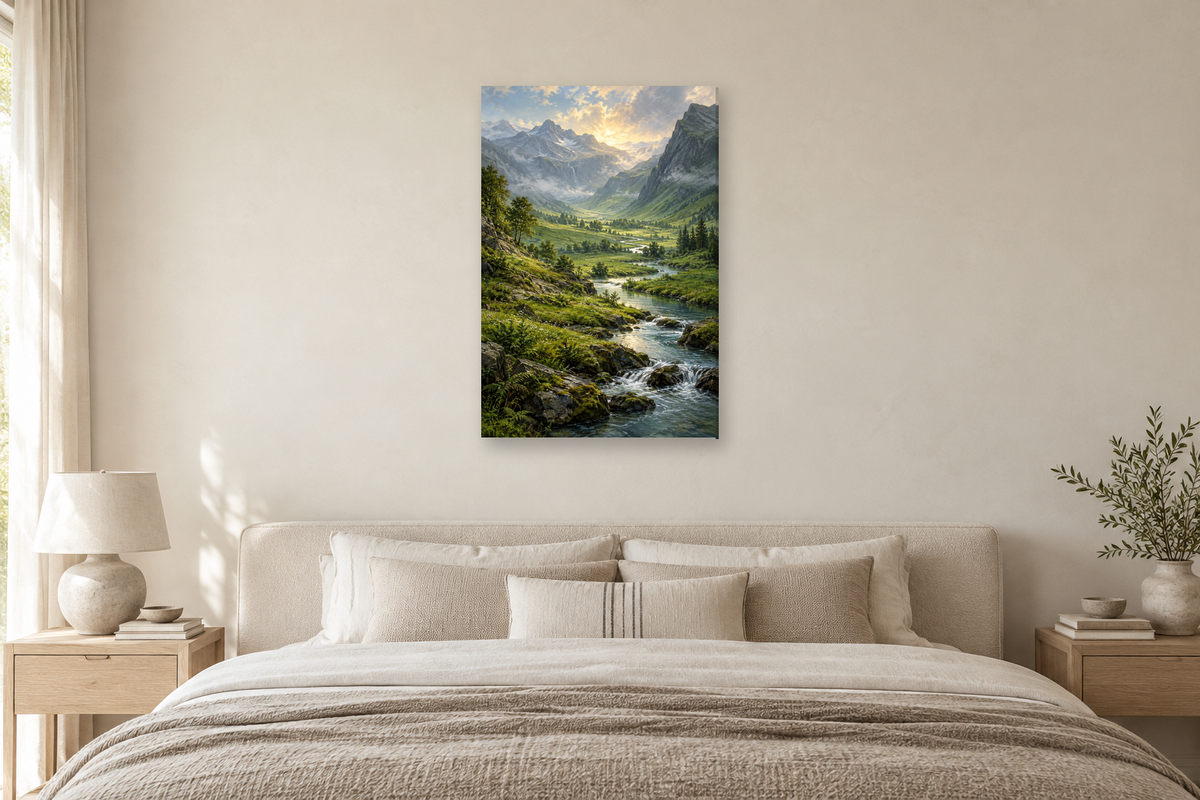 Emerald Valley in a bedroom — interior mockup with the complete original artwork