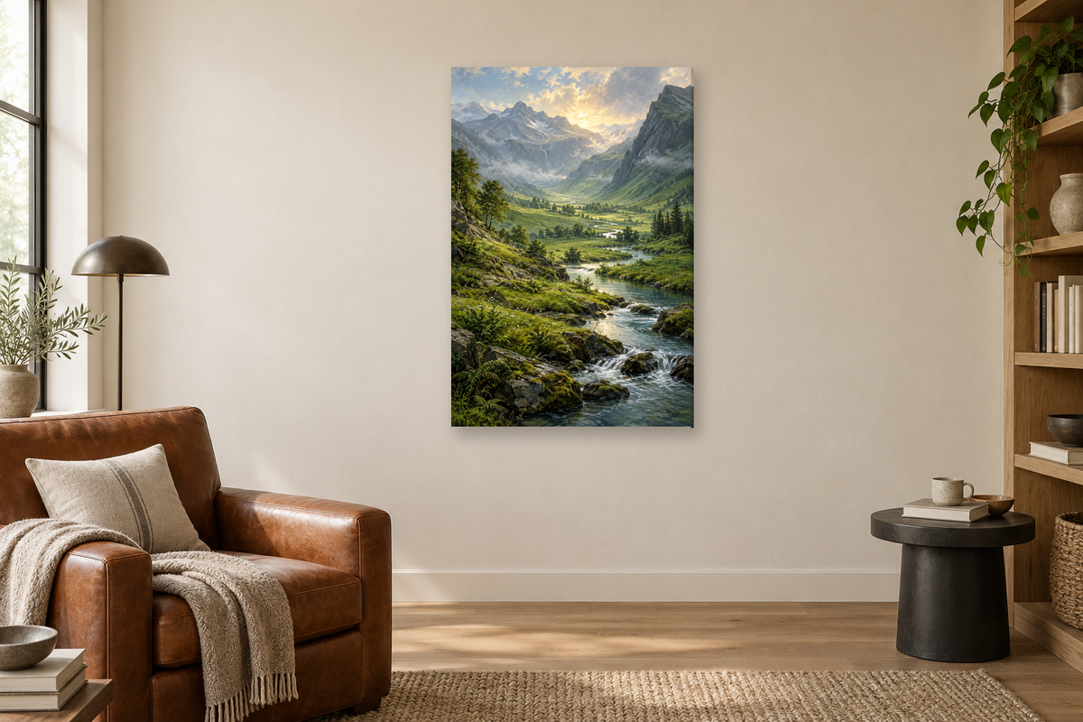Emerald Valley in a reading corner — interior mockup with the complete original artwork
