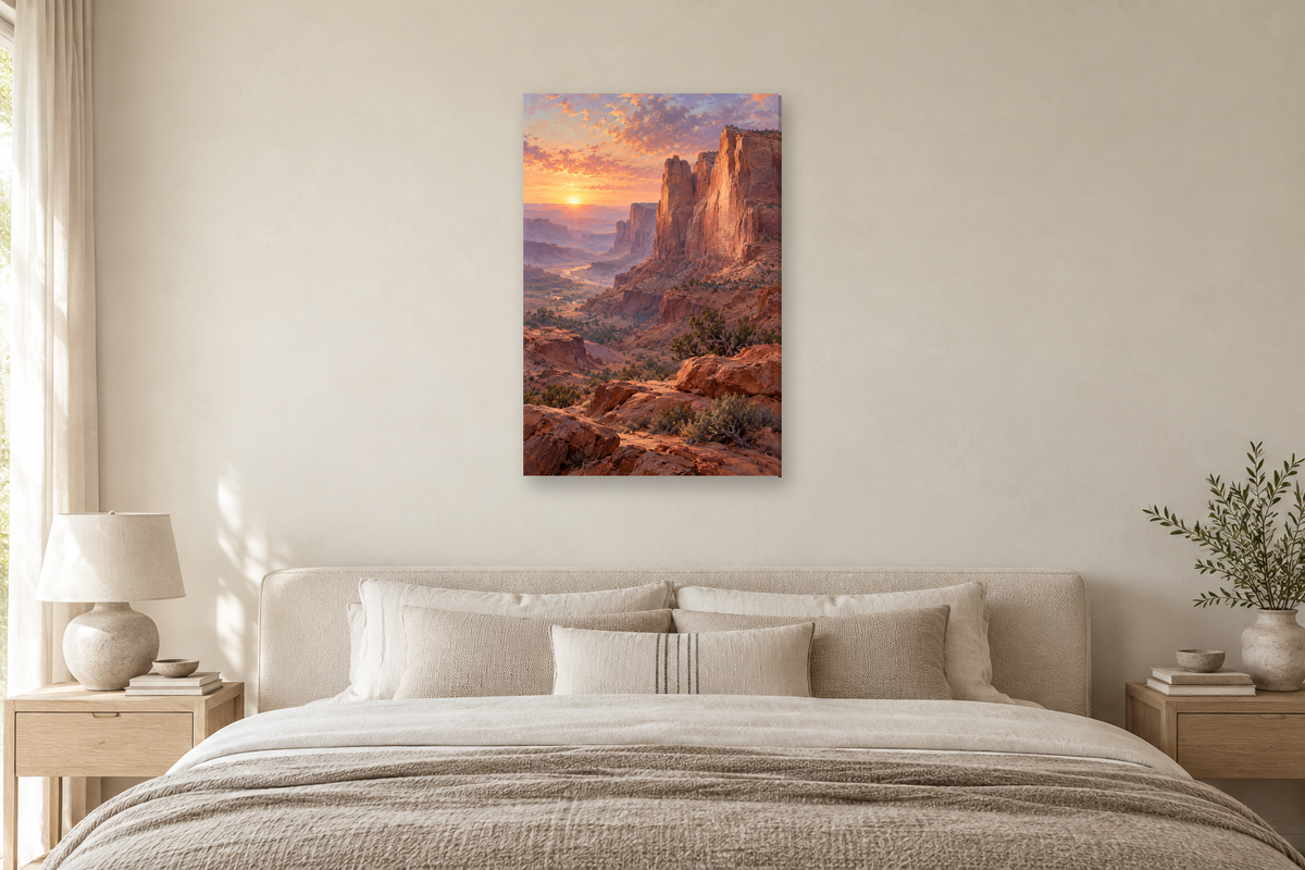 Desert Rose in a bedroom — interior mockup with the complete original artwork