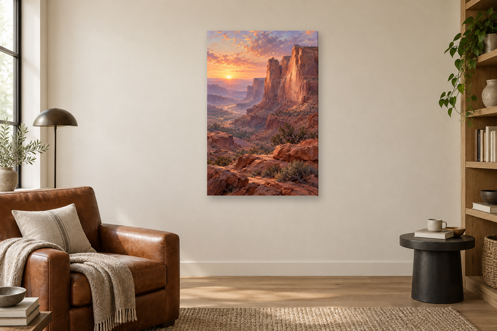 Desert Rose in a reading corner — interior mockup with the complete original artwork