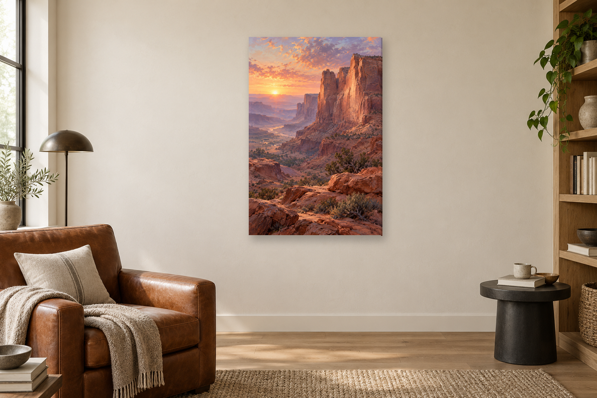 Desert Rose in a reading corner — interior mockup with the complete original artwork
