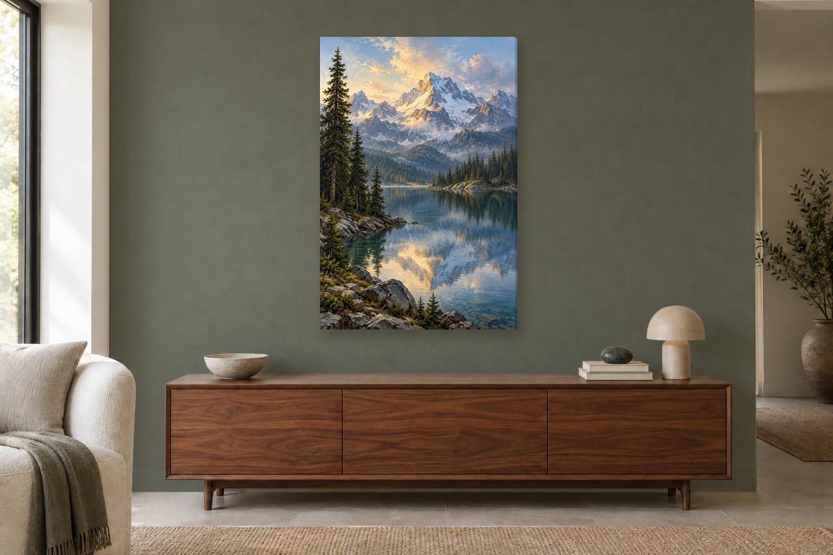 Lake Reflection in a living room — interior mockup with the complete original artwork