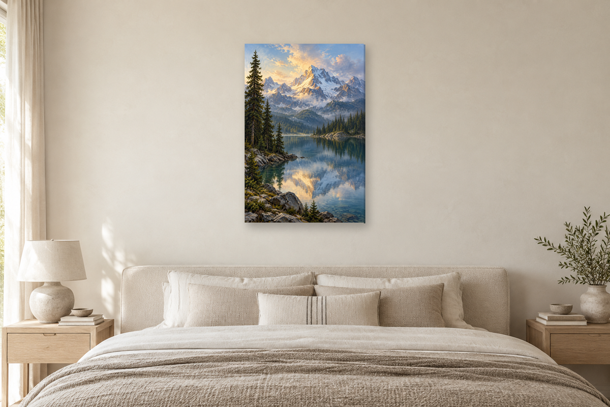 Lake Reflection in a bedroom — interior mockup with the complete original artwork