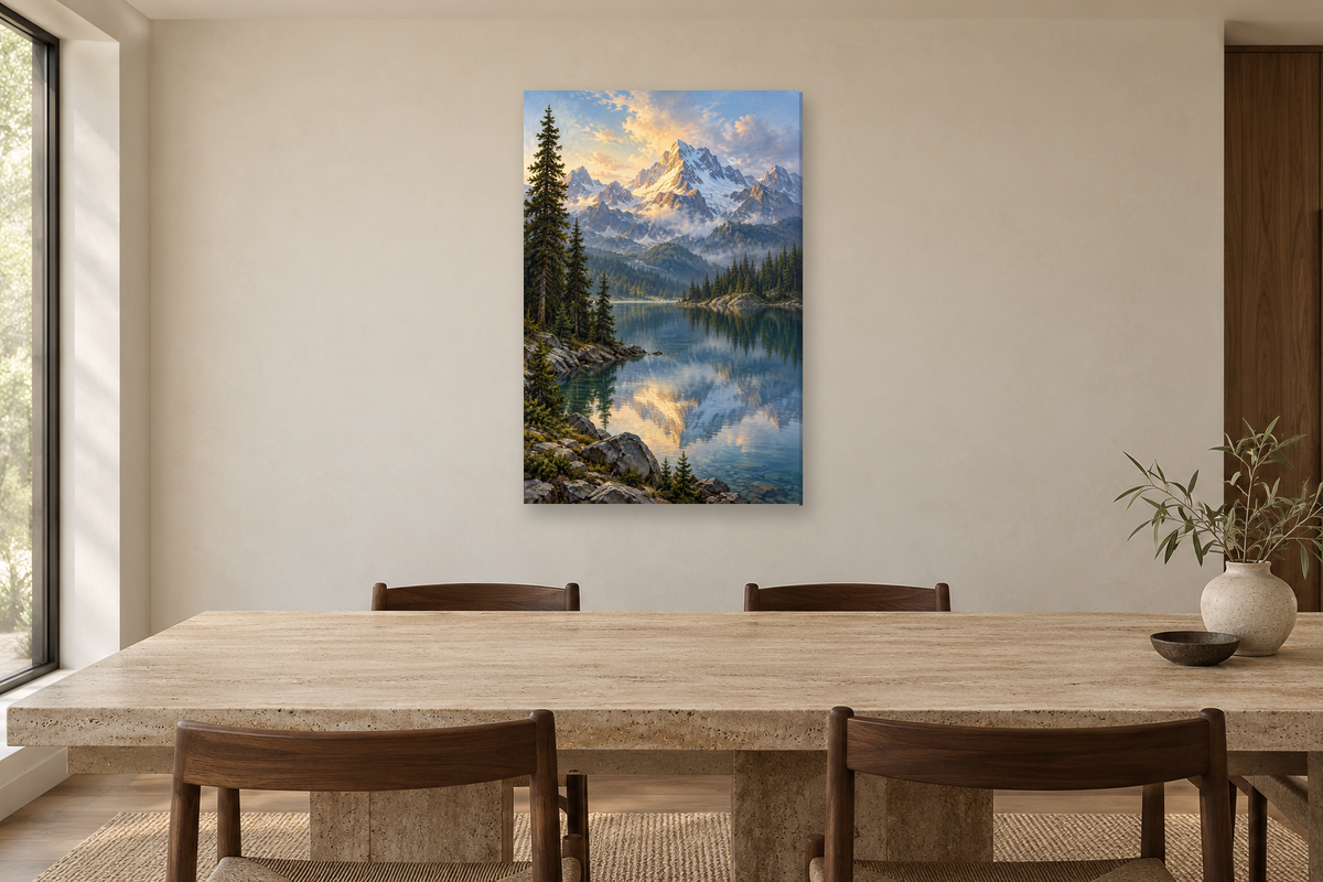 Lake Reflection in a dining room — interior mockup with the complete original artwork