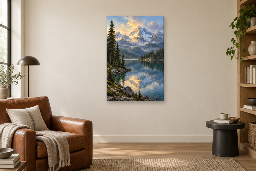 Lake Reflection in a reading corner — interior mockup with the complete original artwork
