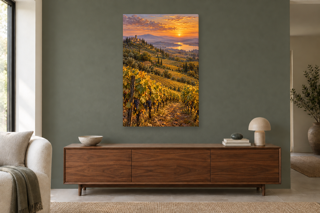 Golden Vineyard in a living room — interior mockup with the complete original artwork