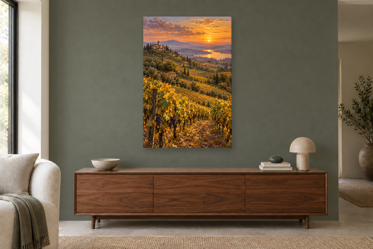 Golden Vineyard in a living room — interior mockup with the complete original artwork