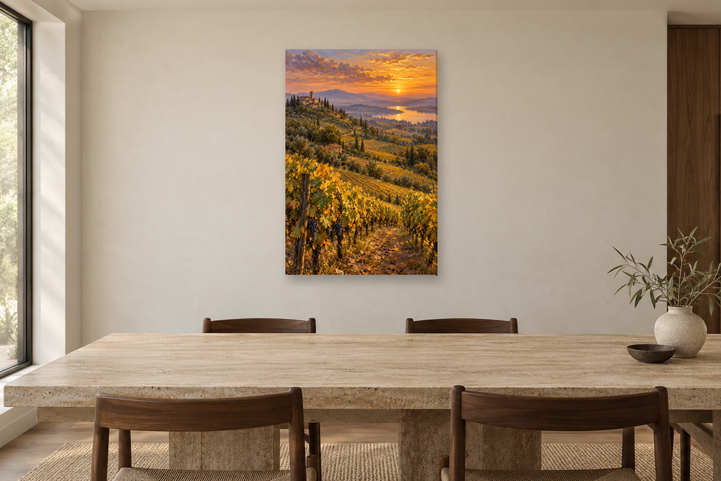 Golden Vineyard in a dining room — interior mockup with the complete original artwork
