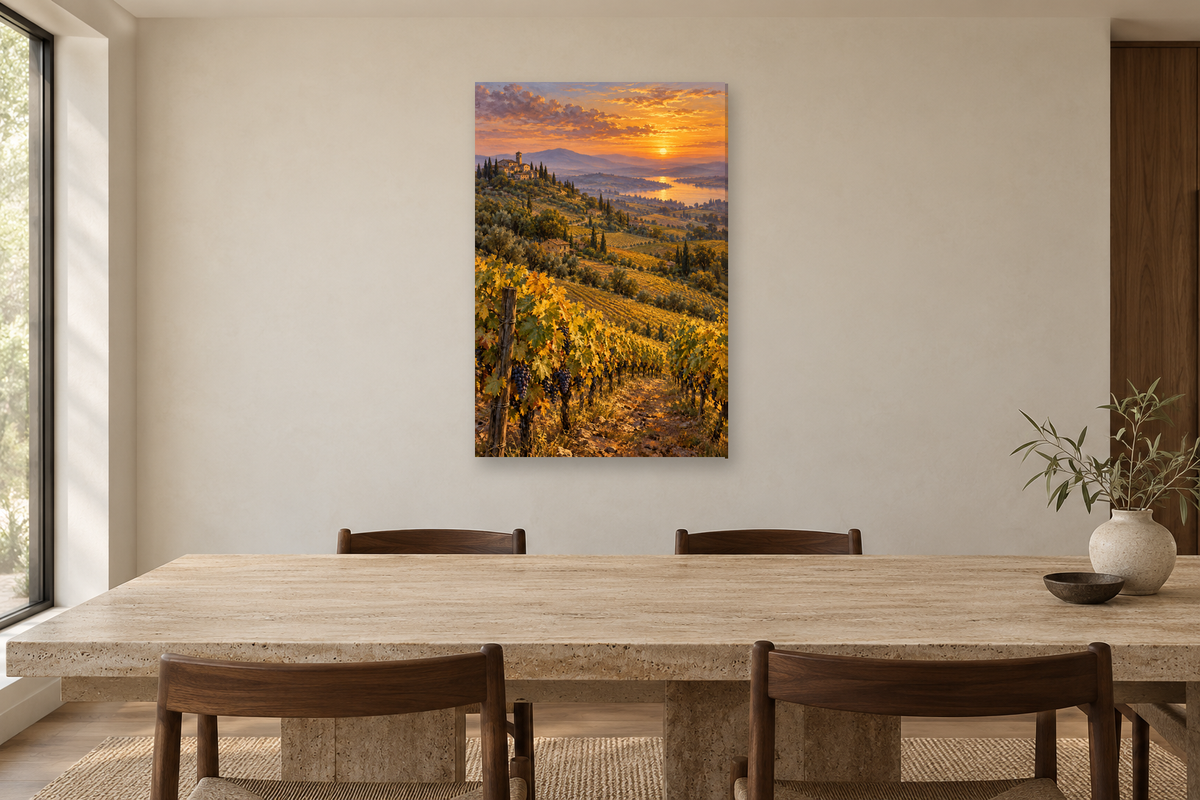 Golden Vineyard in a dining room — interior mockup with the complete original artwork