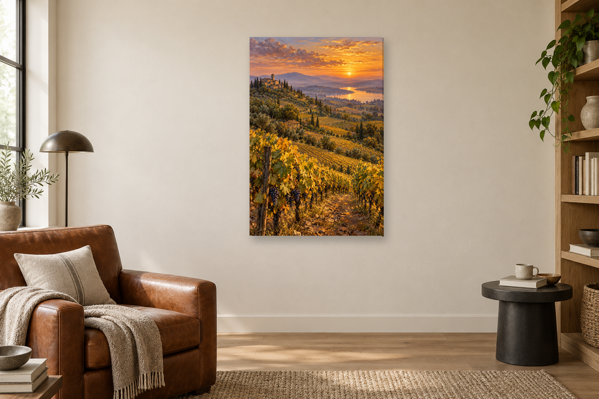 Golden Vineyard in a reading corner — interior mockup with the complete original artwork