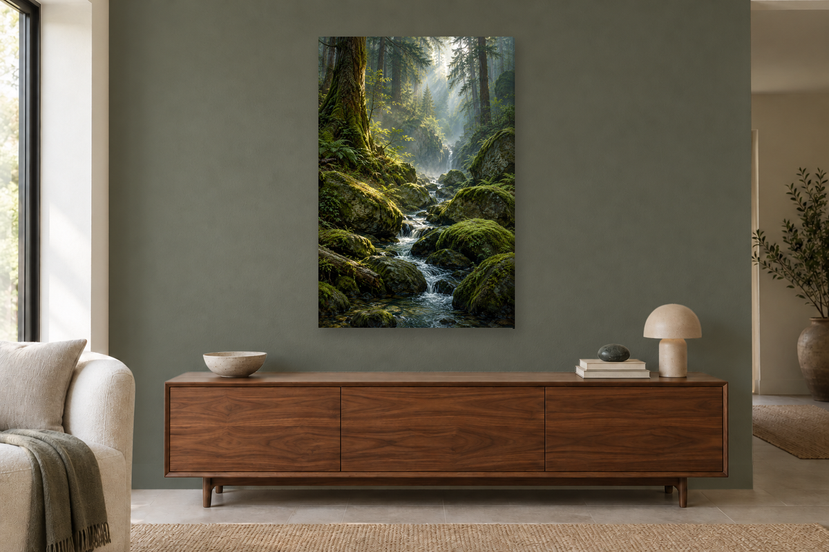 Mossy Forest in a living room — interior mockup with the complete original artwork