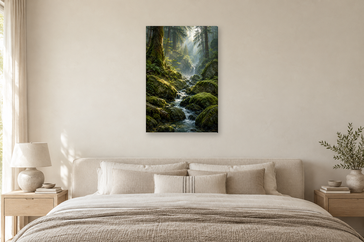 Mossy Forest in a bedroom — interior mockup with the complete original artwork