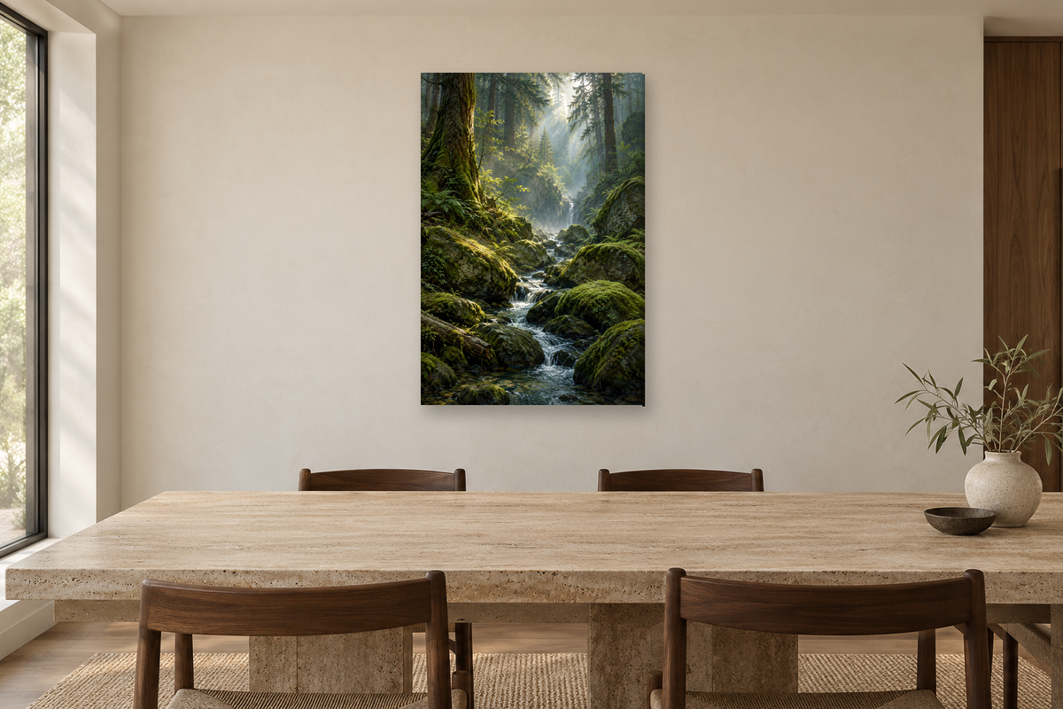 Mossy Forest in a dining room — interior mockup with the complete original artwork