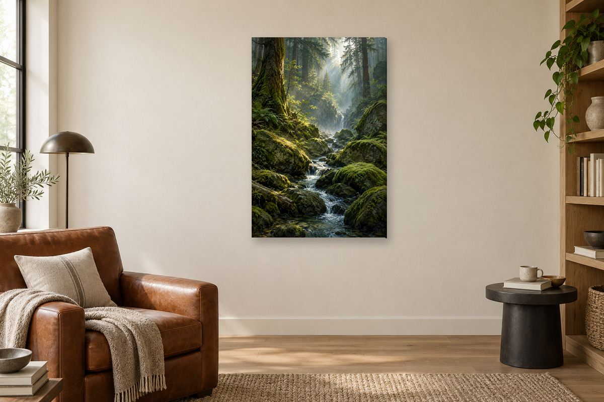 Mossy Forest in a reading corner — interior mockup with the complete original artwork
