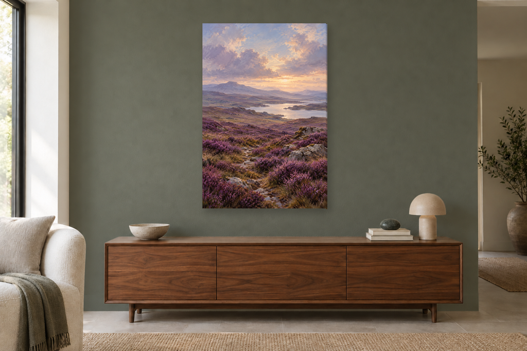 Heather Moor in a living room — interior mockup with the complete original artwork