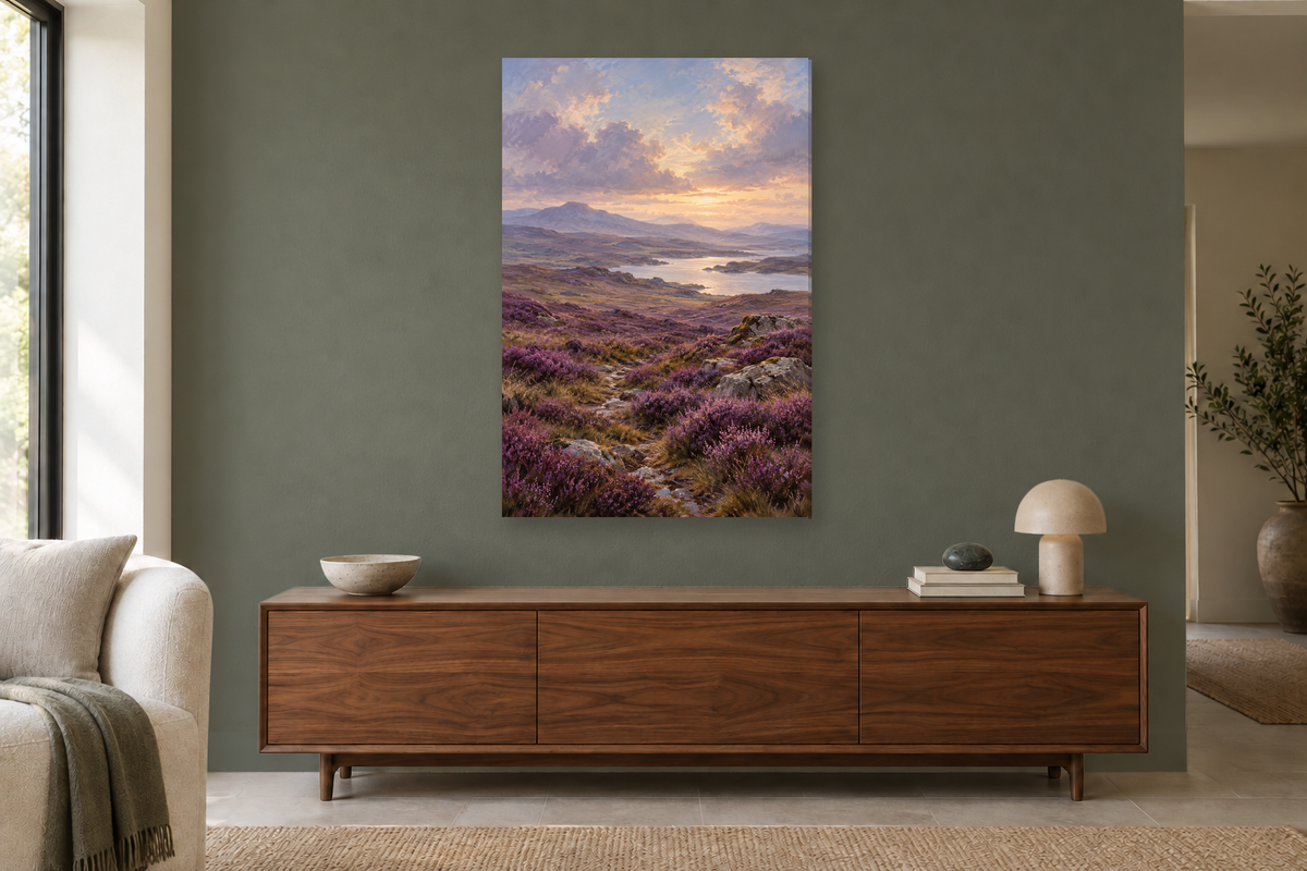 Heather Moor in a living room — interior mockup with the complete original artwork