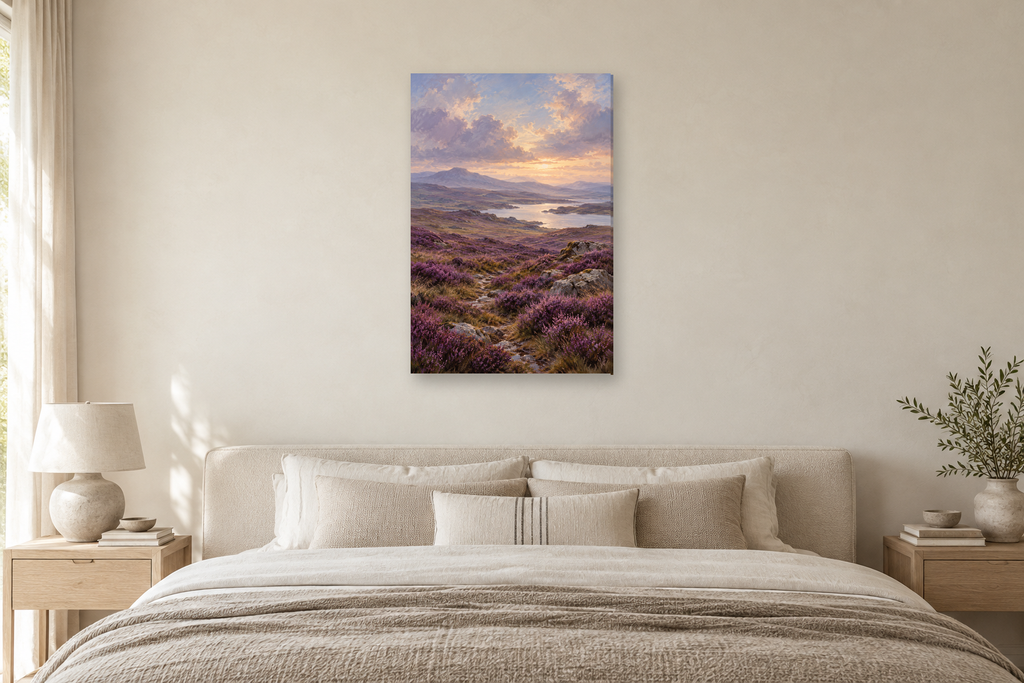 Heather Moor in a bedroom — interior mockup with the complete original artwork