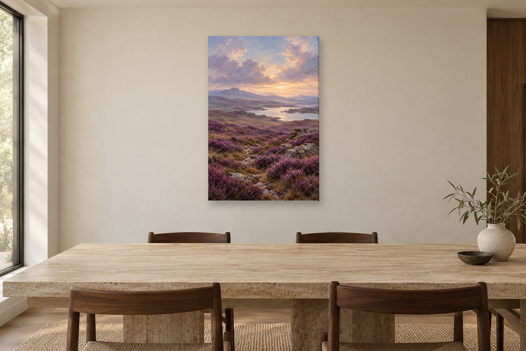Heather Moor in a dining room — interior mockup with the complete original artwork