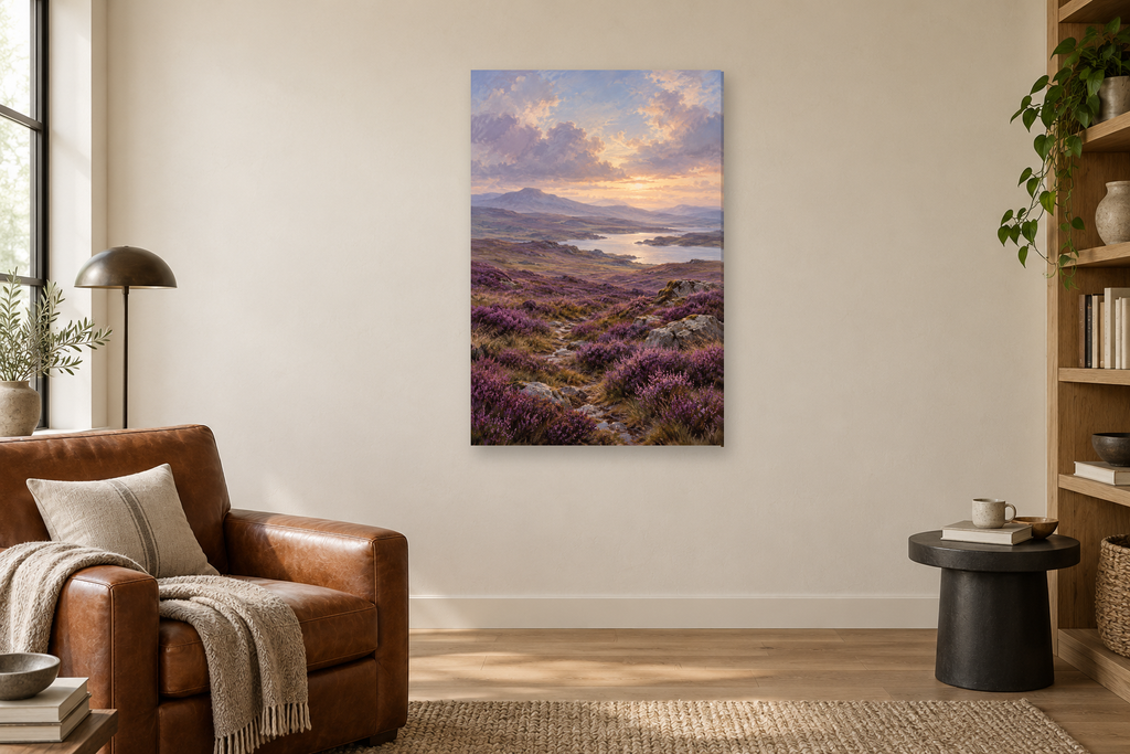 Heather Moor in a reading corner — interior mockup with the complete original artwork