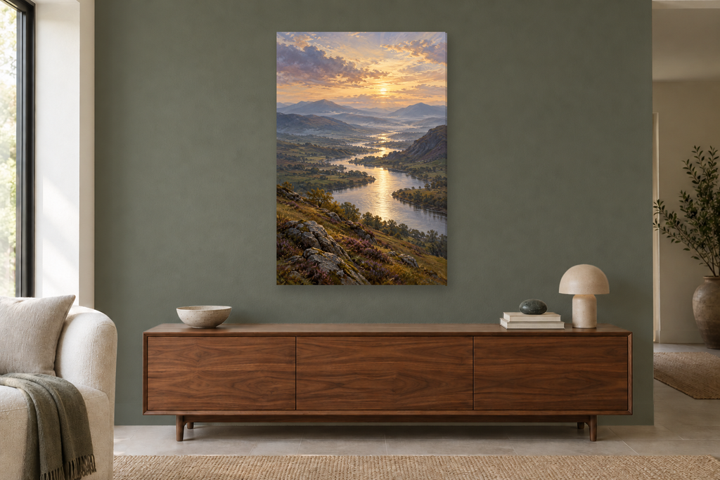 Silver River in a living room — interior mockup with the complete original artwork