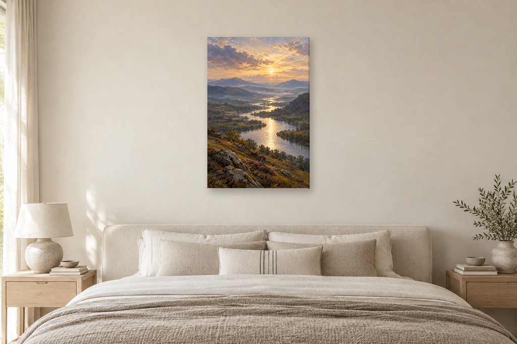Silver River in a bedroom — interior mockup with the complete original artwork