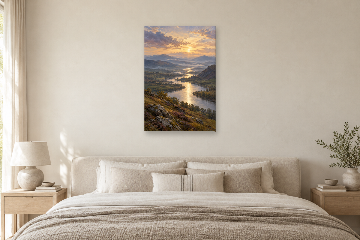 Silver River in a bedroom — interior mockup with the complete original artwork