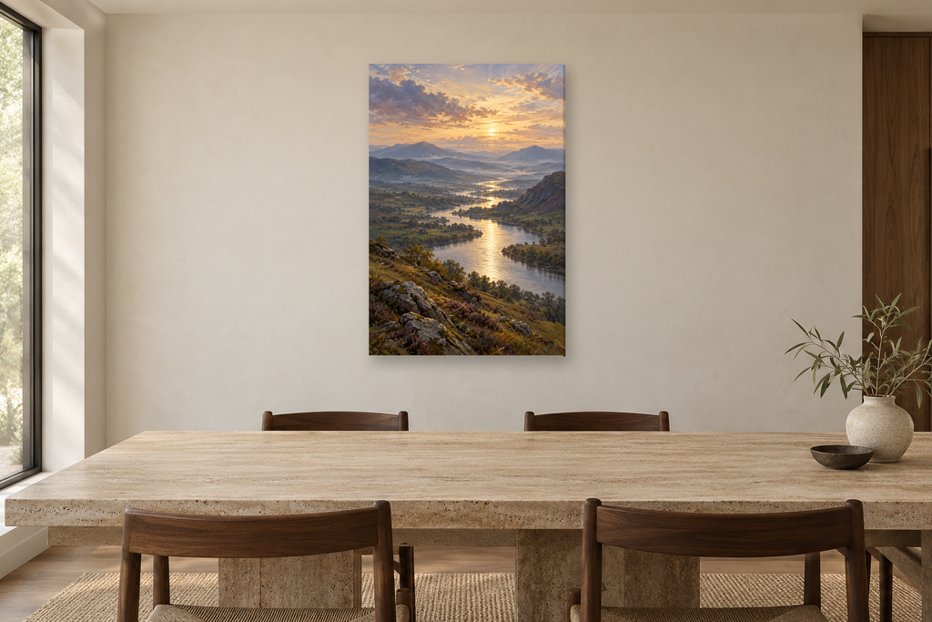 Silver River in a dining room — interior mockup with the complete original artwork