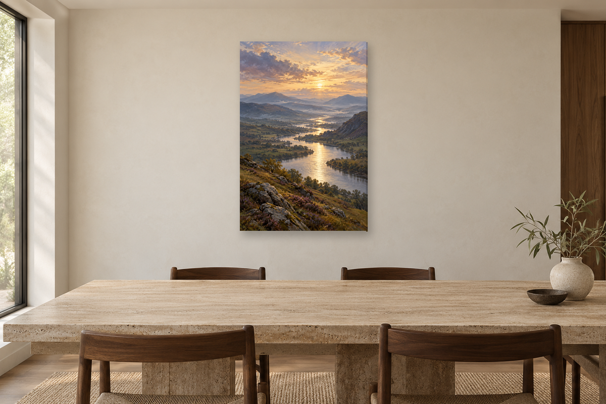 Silver River in a dining room — interior mockup with the complete original artwork