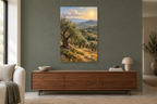 Olive Hills in a living room — interior mockup with the complete original artwork