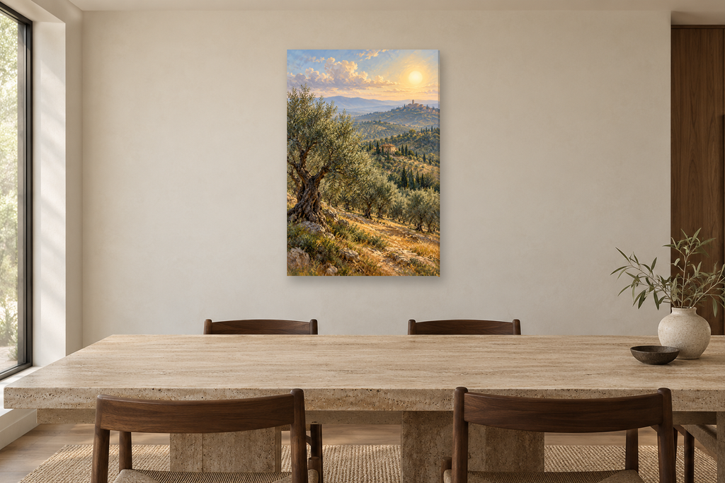 Olive Hills in a dining room — interior mockup with the complete original artwork