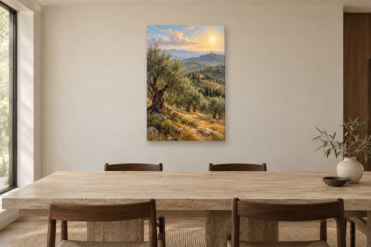 Olive Hills in a dining room — interior mockup with the complete original artwork