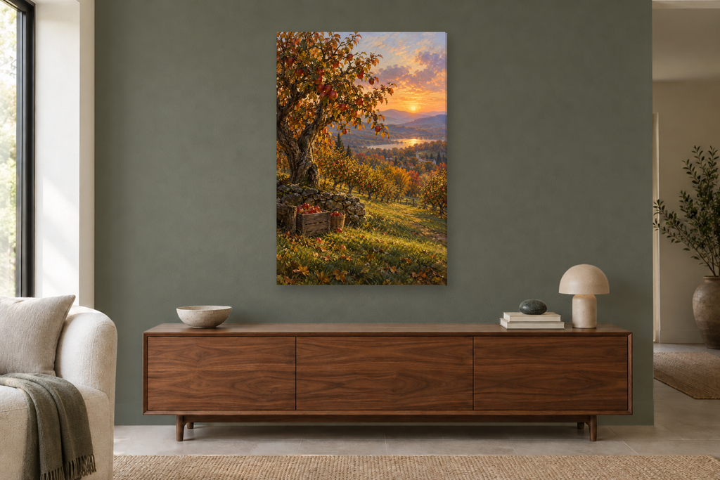 Autumn Orchard in a living room — interior mockup with the complete original artwork
