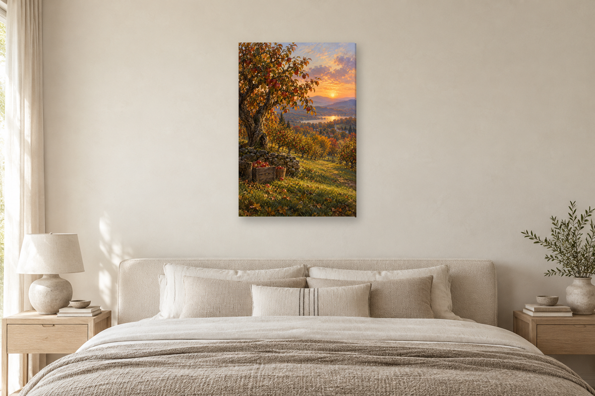 Autumn Orchard in a bedroom — interior mockup with the complete original artwork