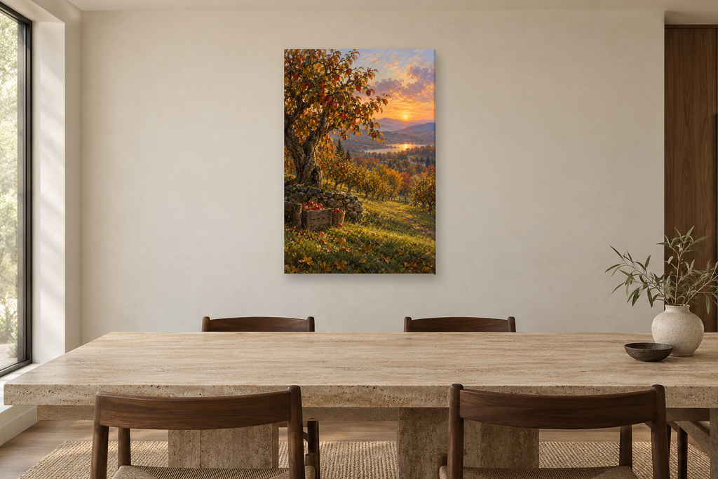 Autumn Orchard in a dining room — interior mockup with the complete original artwork
