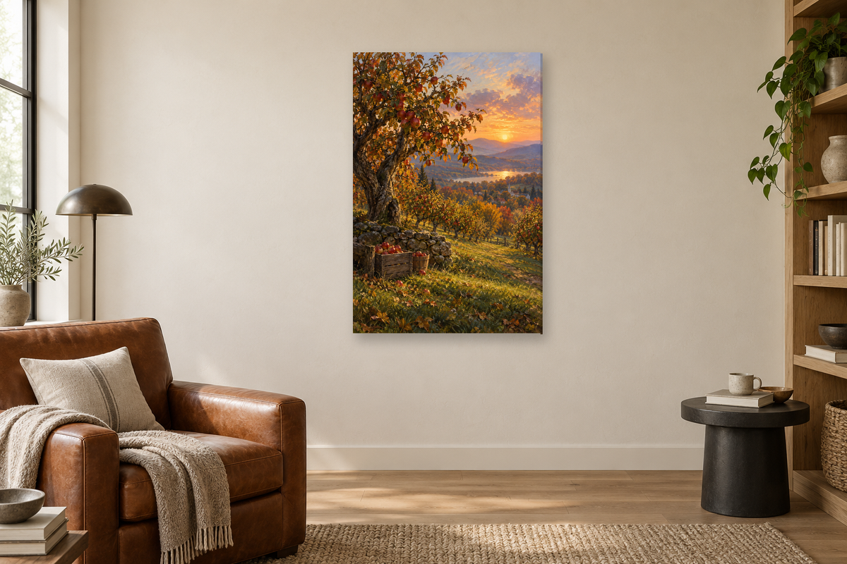 Autumn Orchard in a reading corner — interior mockup with the complete original artwork