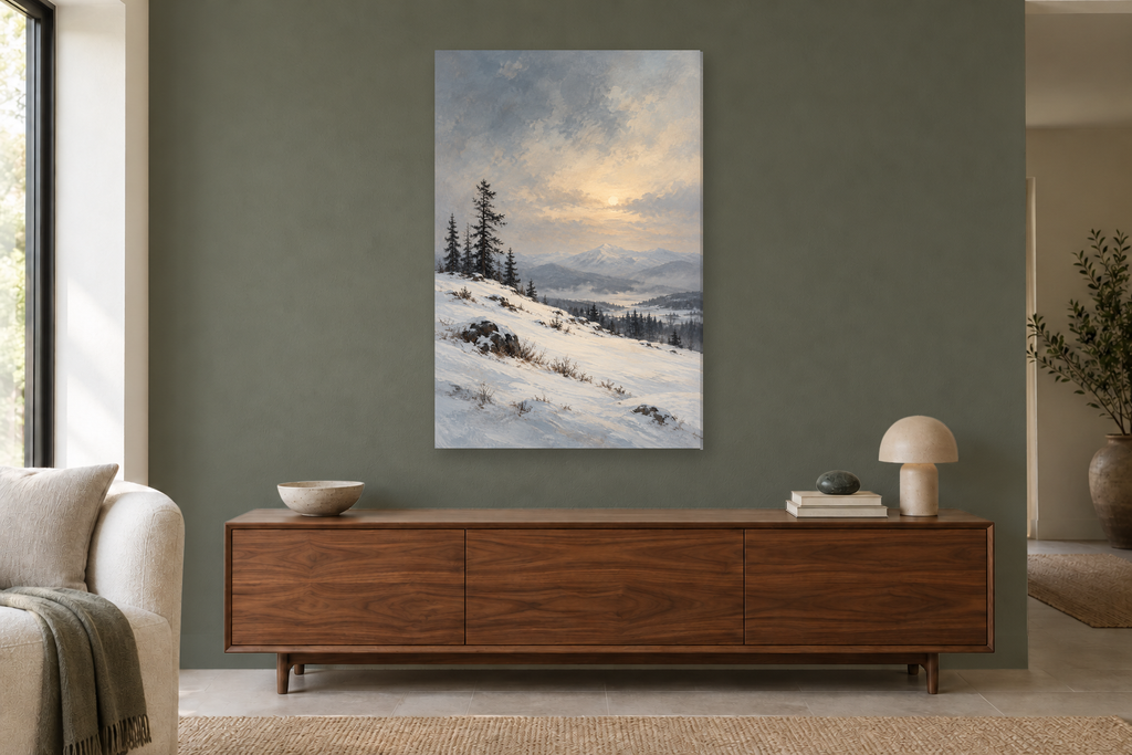 Snow Quiet in a living room — interior mockup with the complete original artwork