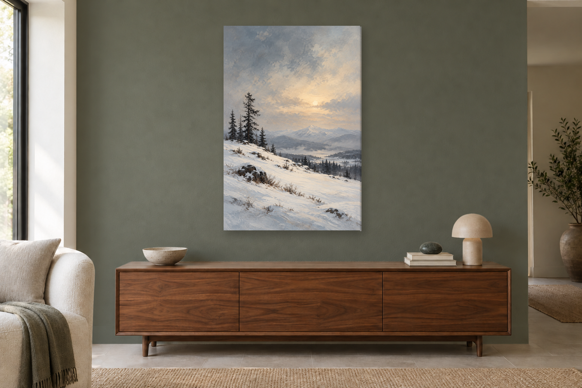 Snow Quiet in a living room — interior mockup with the complete original artwork