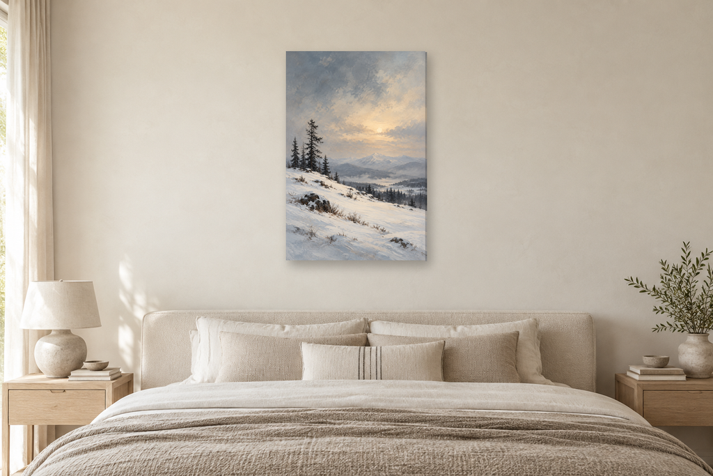 Snow Quiet in a bedroom — interior mockup with the complete original artwork