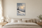 Snow Quiet in a bedroom — interior mockup with the complete original artwork