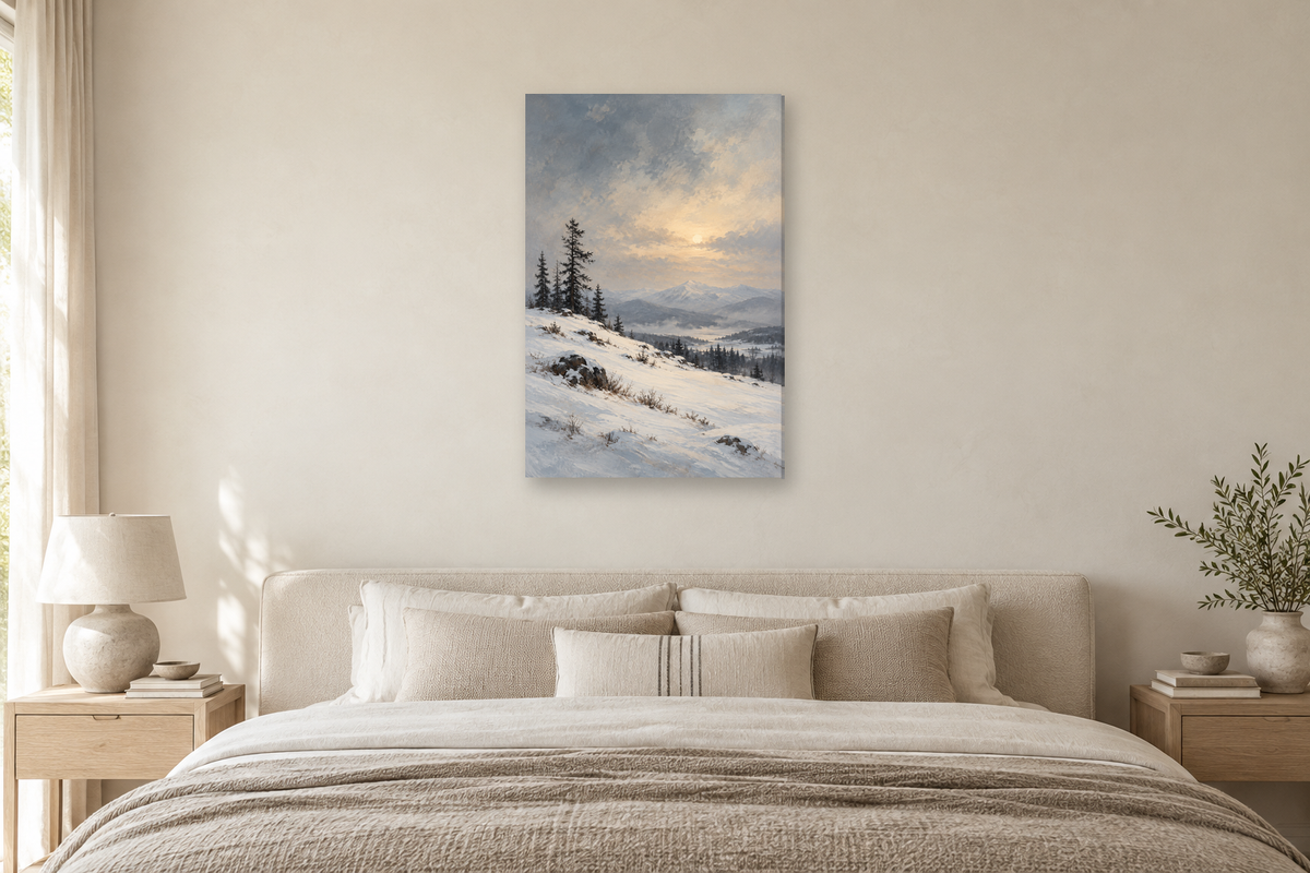 Snow Quiet in a bedroom — interior mockup with the complete original artwork