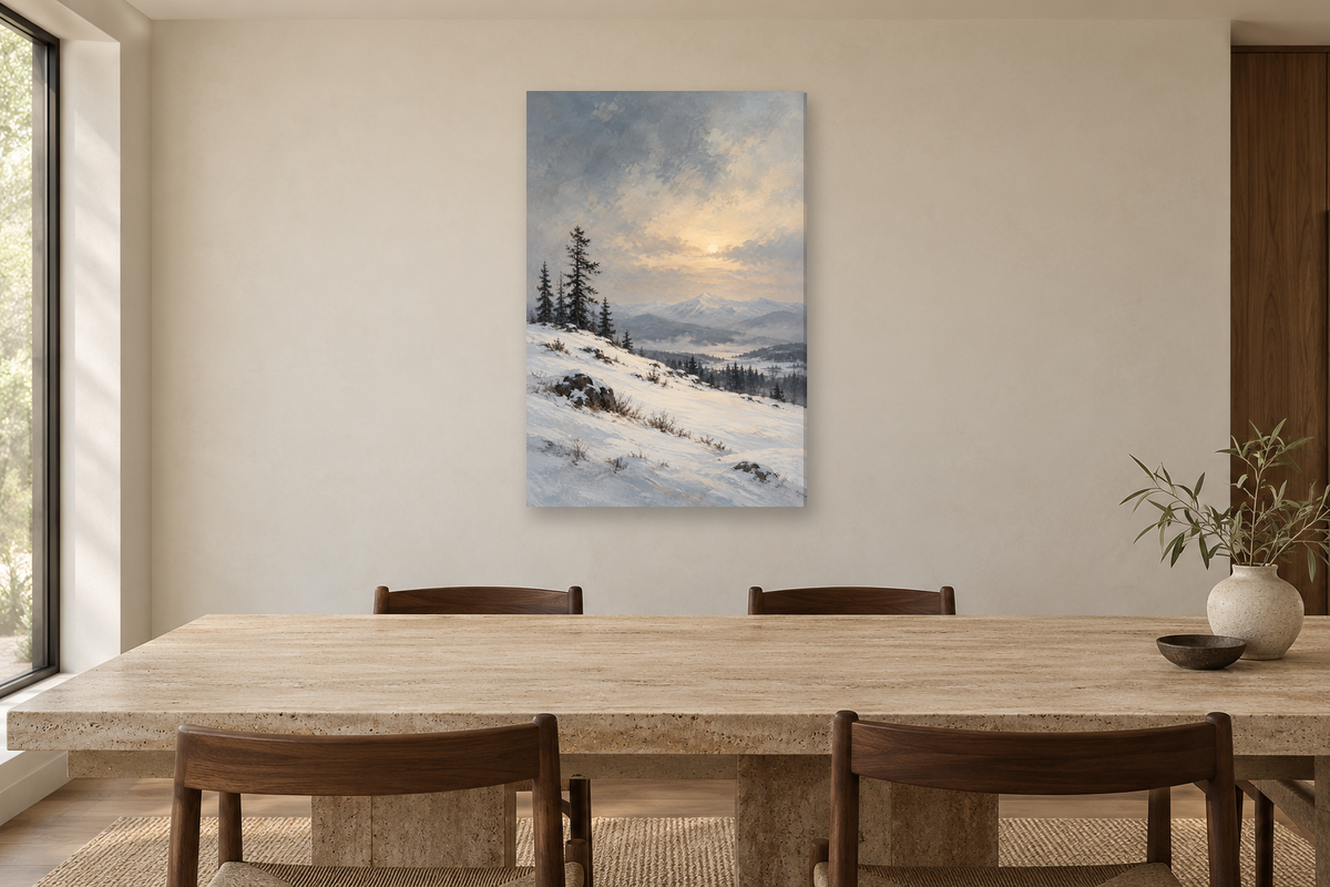 Snow Quiet in a dining room — interior mockup with the complete original artwork